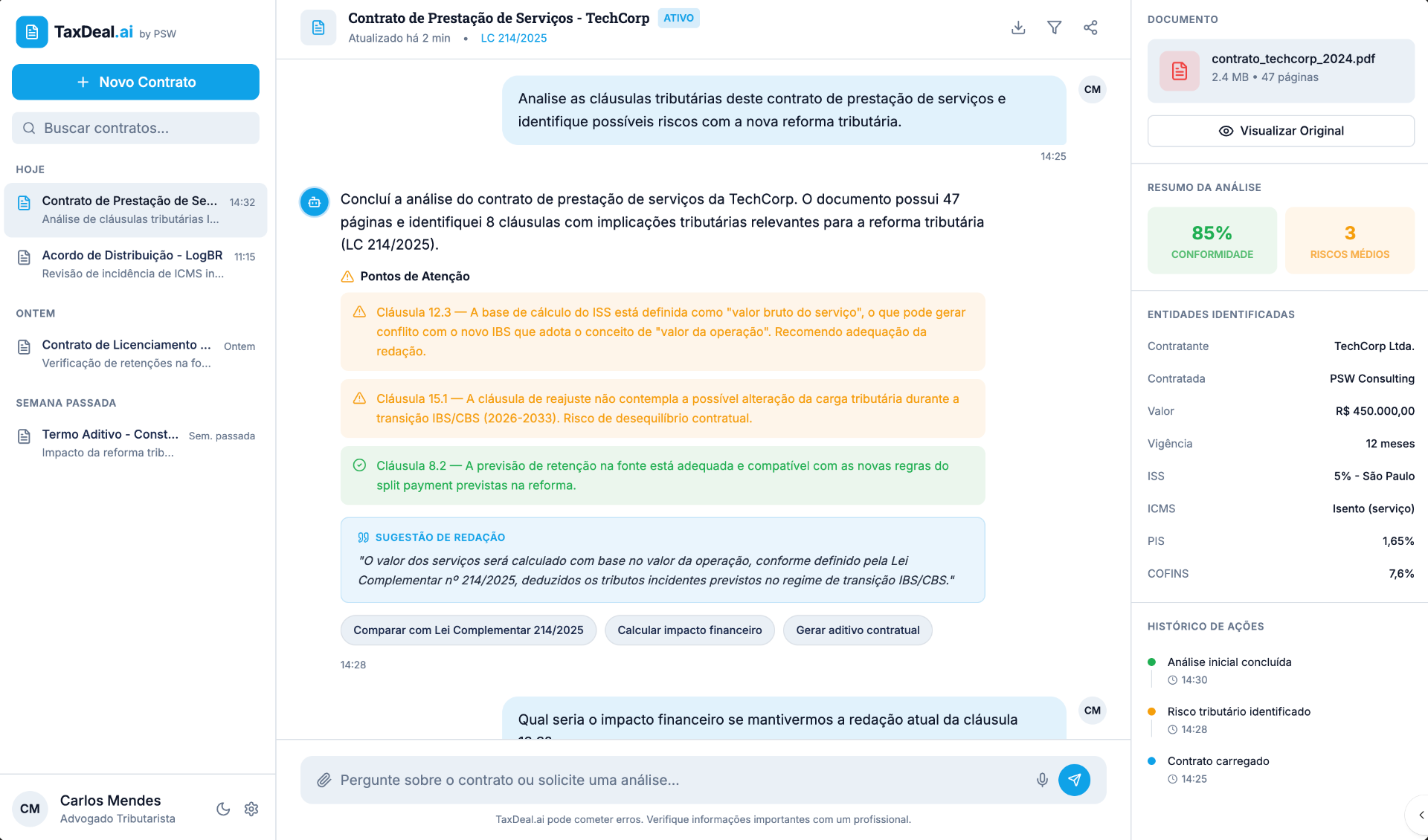 Interface do TaxDeal — análise de contrato com IA especializada em Reforma Tributária